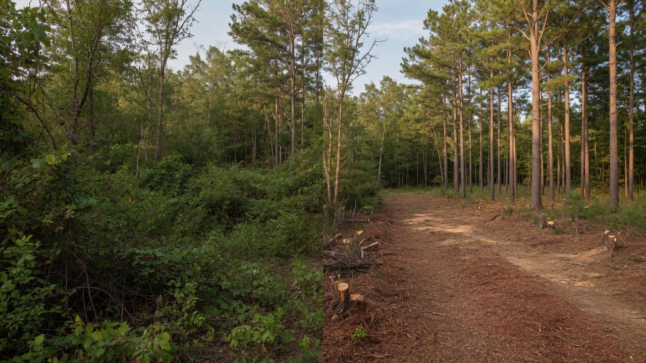 Before and after land clearing — overgrown brush versus opened walkable ground