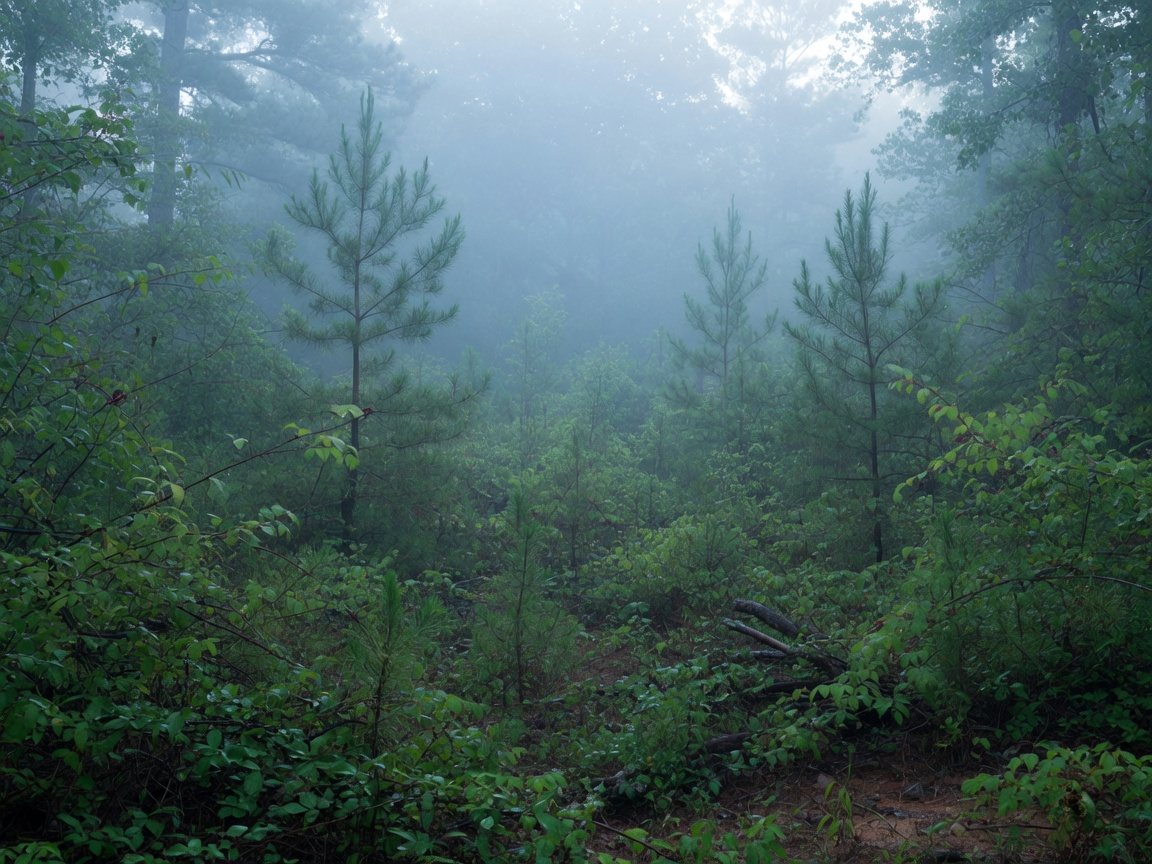 Raw land clearing and forestry mulching — dense overgrown woodlot before opening