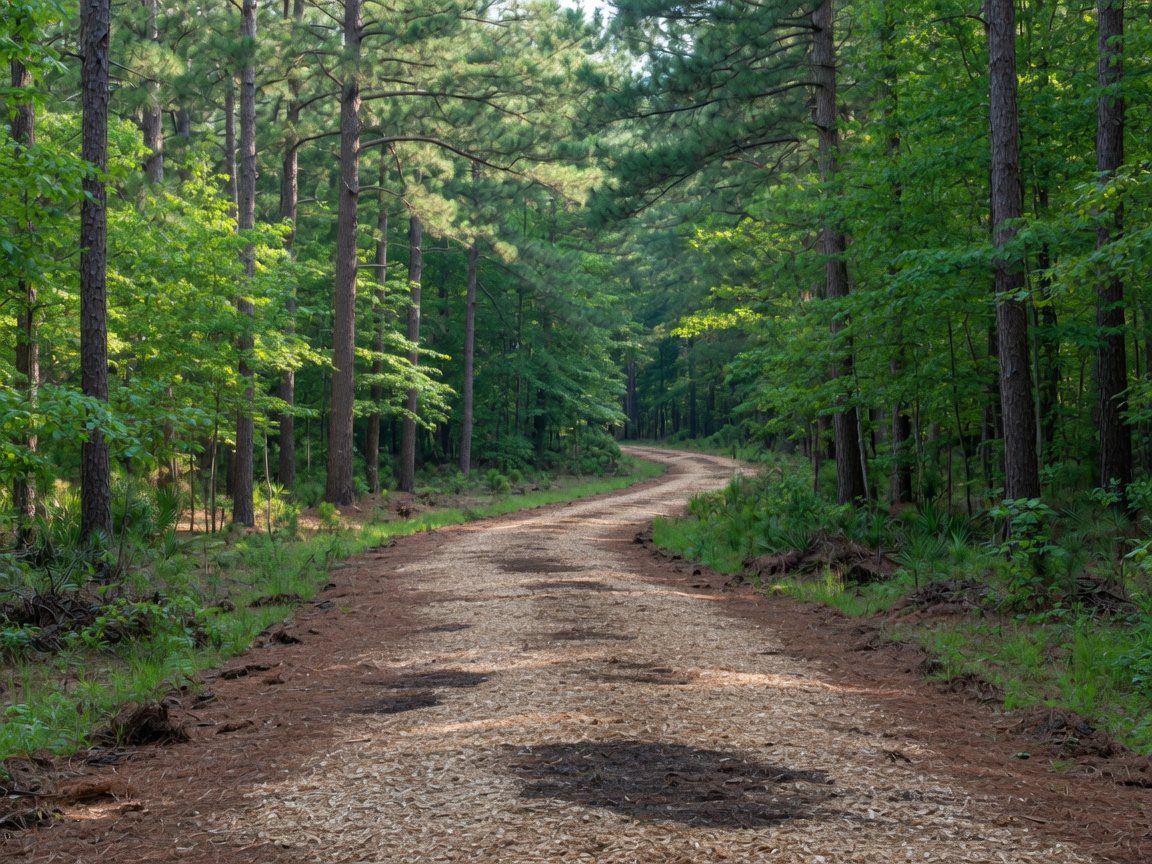 Finished mulched trail from forestry mulching through Southern pine timber
